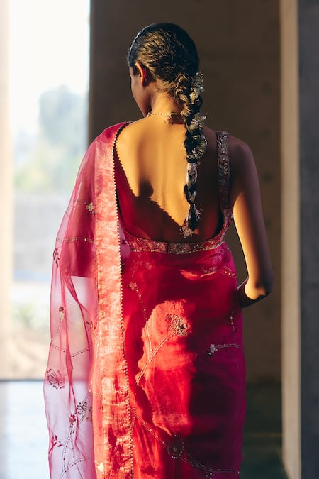 Label Nimbus Rani Pink Hand Embroidered Saree Set 