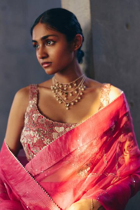 Buy_Label Nimbus_Pink Organza, Silk Embroidery, Beads, Zari Round Neck Rani Hand Saree Set _Online_at_Aza_Fashions