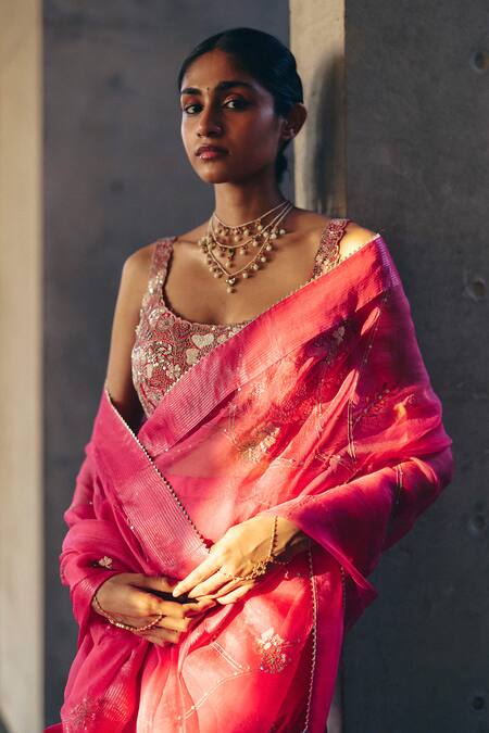 Shop_Label Nimbus_Pink Organza, Silk Embroidery, Beads, Zari Round Neck Rani Hand Saree Set _Online_at_Aza_Fashions