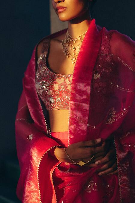 Label Nimbus_Pink Organza, Silk Embroidery, Beads, Zari Round Neck Rani Hand Saree Set _at_Aza_Fashions