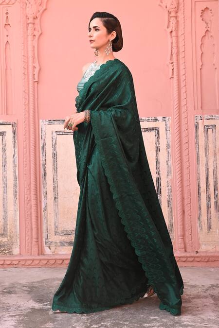 Kasturi Kundal_Green Silk, Kota Doria Embroidery, Lace O Haseena Tanchoi Handloom Saree _Online_at_Aza_Fashions