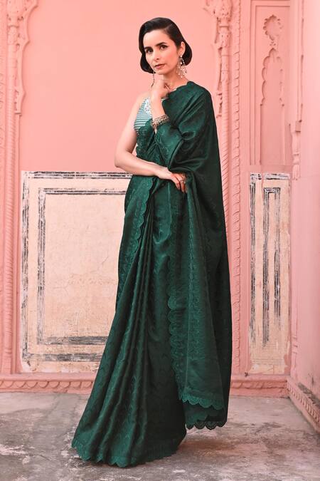 Buy_Kasturi Kundal_Green Silk, Kota Doria Embroidery, Lace O Haseena Tanchoi Handloom Saree _Online_at_Aza_Fashions