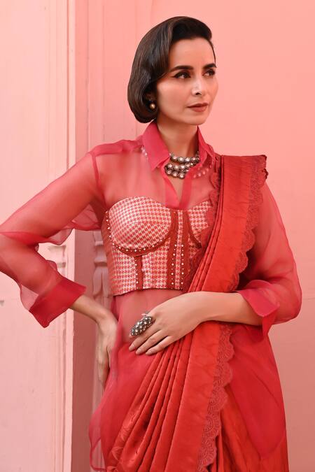 Shop_Kasturi Kundal_Orange Silk, Kota Doria Embroidery O Haseena Tanchoi Handloom Saree _Online_at_Aza_Fashions