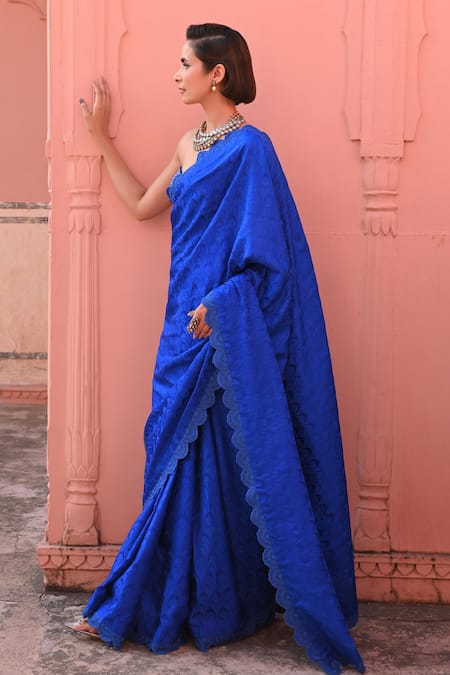 Shop Kasturi Kundal Blue Silk, Kota Doria Embroidery O Haseena Tanchoi Handloom Saree Online at Aza Fashions Shop_Kasturi Kundal_Blue Silk, Kota Doria Embroidery O Haseena Tanchoi Handloom Saree _Online_at_Aza_Fashions