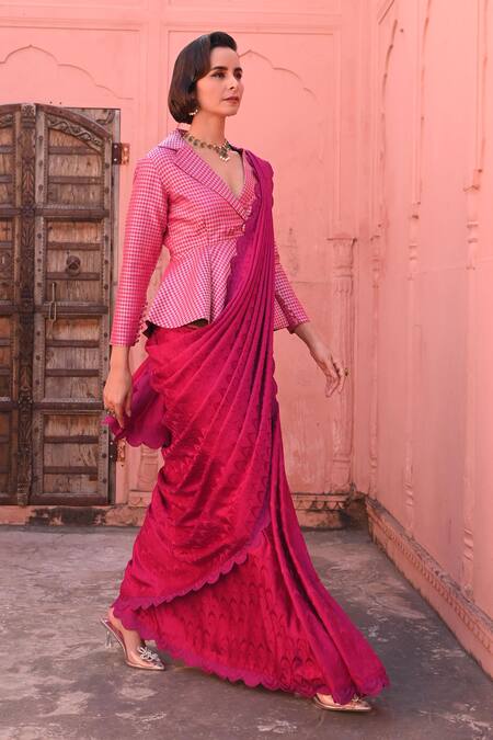 Kasturi Kundal_Fuchsia Kota Doria, Silk Embroidery O Haseena Tanchoi Handloom Saree _Online_at_Aza_Fashions