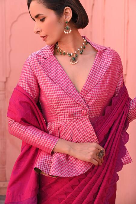 Shop_Kasturi Kundal_Fuchsia Kota Doria, Silk Embroidery O Haseena Tanchoi Handloom Saree _Online_at_Aza_Fashions