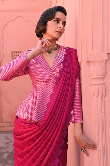 Kasturi Kundal_Fuchsia Kota Doria, Silk Embroidery O Haseena Tanchoi Handloom Saree _at_Aza_Fashions