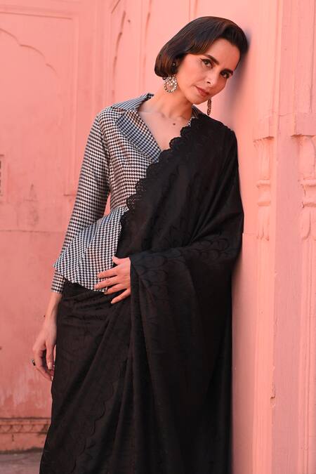 Kasturi Kundal_Black Silk, Kota Doria Embroidery Banarasi Saree Set _Online_at_Aza_Fashions