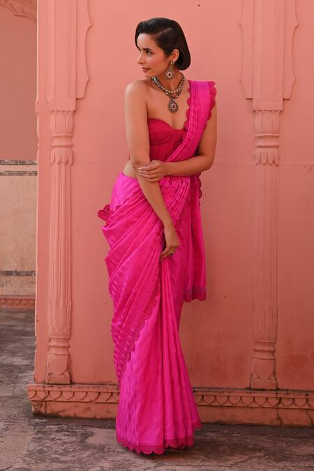 Kasturi Kundal_Pink Silk, Kota Doria Embroidery Banarasi Handloom Saree Set _Online_at_Aza_Fashions