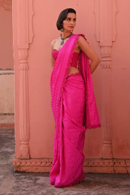 Buy_Kasturi Kundal_Pink Silk, Kota Doria Embroidery Banarasi Handloom Saree Set _Online_at_Aza_Fashions