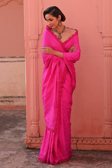 Shop_Kasturi Kundal_Pink Silk, Kota Doria Embroidery Banarasi Handloom Saree Set _Online_at_Aza_Fashions