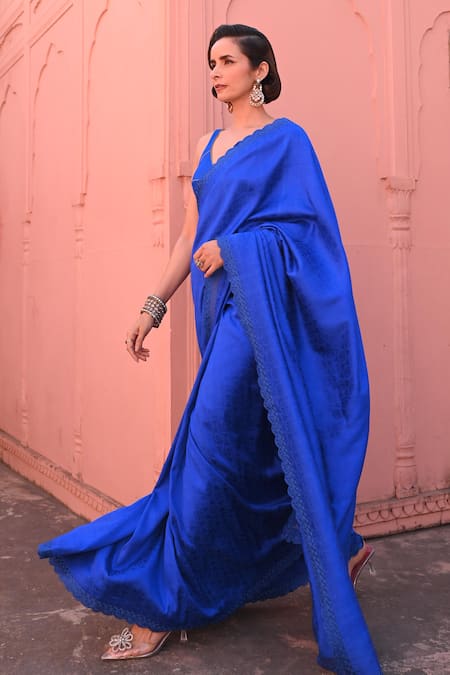 Kasturi Kundal_Blue Silk, Kota Doria Embroidery, Tassels Banarasi Handloom Saree Set _Online_at_Aza_Fashions