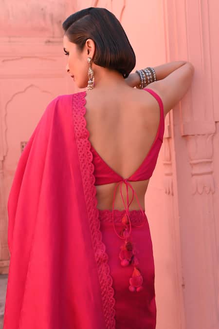 Shop_Kasturi Kundal_Pink Silk, Kota Doria Embroidery Banarasi Katan Saree _at_Aza_Fashions