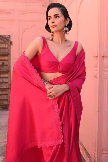 Shop_Kasturi Kundal_Pink Silk, Kota Doria Embroidery Banarasi Katan Saree _Online_at_Aza_Fashions