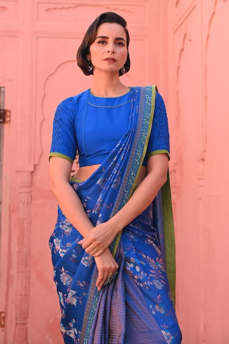 Kasturi Kundal_Blue Kota Doria Embroidery, Sequins Tanchoi Handloom Saree _Online_at_Aza_Fashions