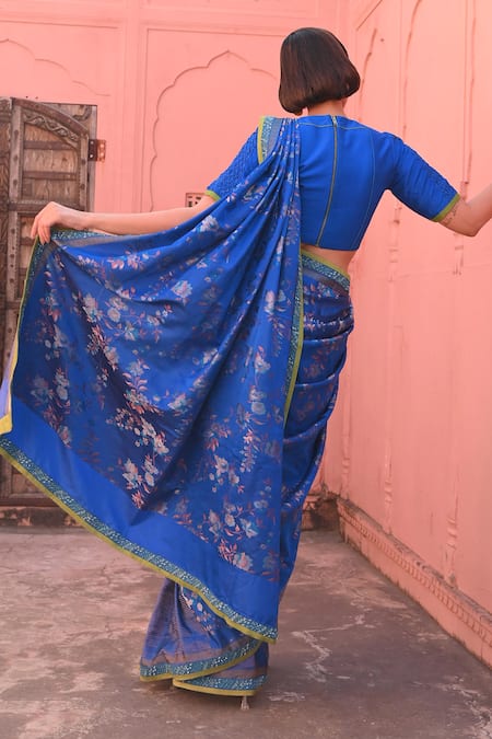 Shop_Kasturi Kundal_Blue Kota Doria Embroidery, Sequins Tanchoi Handloom Saree _Online_at_Aza_Fashions