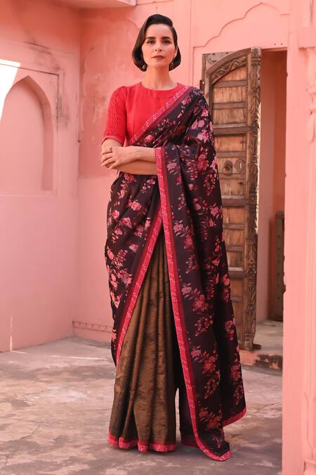 Kasturi Kundal_Black Silk, Kota Doria Embroidery, Sequins Tanchoi Handloom Saree Set _Online_at_Aza_Fashions