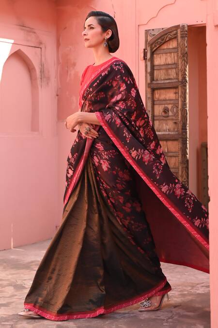 Shop_Kasturi Kundal_Black Silk, Kota Doria Embroidery, Sequins Tanchoi Handloom Saree Set _Online_at_Aza_Fashions