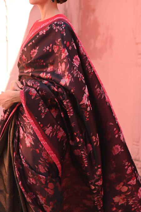 Kasturi Kundal_Black Silk, Kota Doria Embroidery, Sequins Tanchoi Handloom Saree Set _at_Aza_Fashions