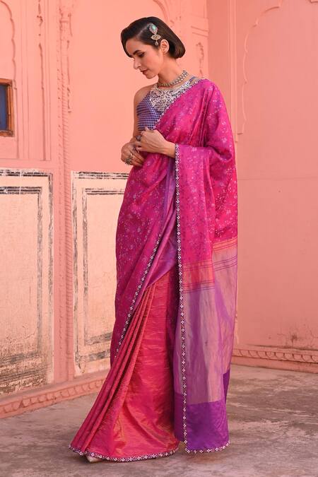 Buy_Kasturi Kundal_Fuchsia Kota Doria, Silk Pearls, Embroidery Jameela Tanchoi Handloom Saree_Online_at_Aza_Fashions