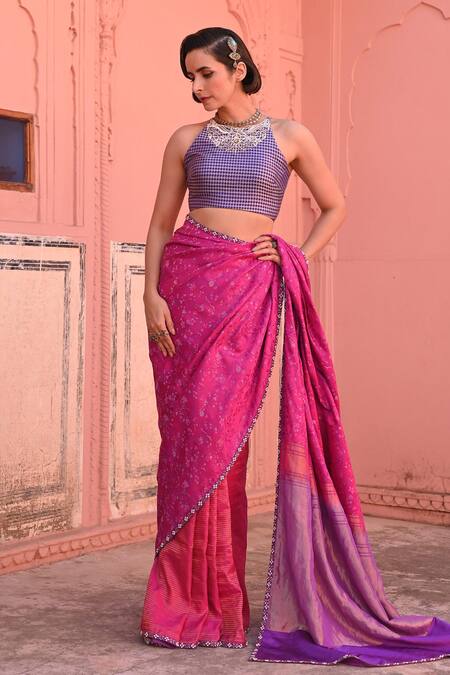 Kasturi Kundal_Fuchsia Kota Doria, Silk Pearls, Embroidery Jameela Tanchoi Handloom Saree_at_Aza_Fashions