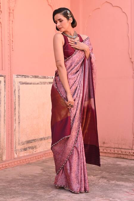 Kasturi Kundal_Pink Kota Doria, Silk Pearls, Embroidery Rasiya Tanchoi Handloom Saree _Online_at_Aza_Fashions