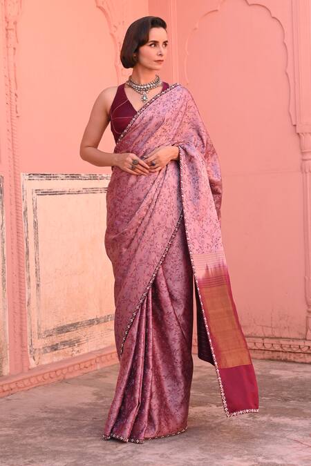 Shop_Kasturi Kundal_Pink Kota Doria, Silk Pearls, Embroidery Rasiya Tanchoi Handloom Saree _Online_at_Aza_Fashions