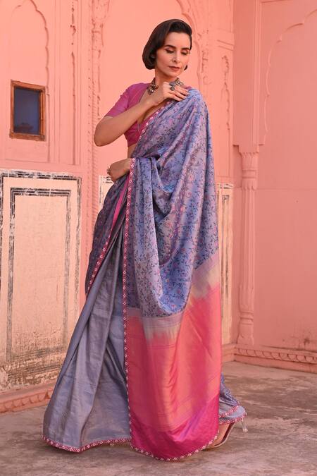 Shop_Kasturi Kundal_Blue Silk, Kota Doria Pearls Rasiya Tanchoi Handloom Saree_Online_at_Aza_Fashions