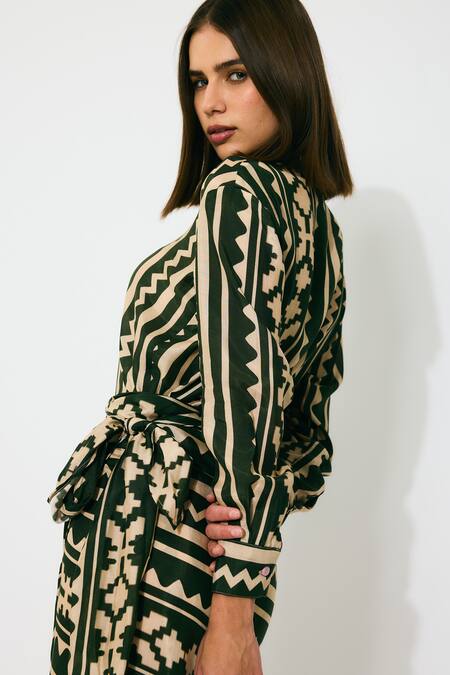 Koai_Green Cotton, Silk Collared Dark And Cream Pattern Shirt _Online_at_Aza_Fashions