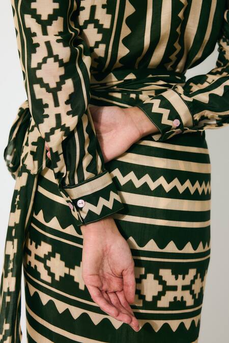 Shop_Koai_Green Cotton, Silk Collared Dark And Cream Pattern Shirt _Online_at_Aza_Fashions