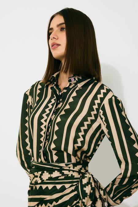 Koai_Green Cotton, Silk Collared Dark And Cream Pattern Shirt _at_Aza_Fashions