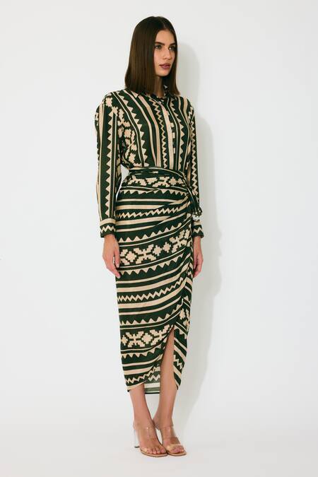 Koai_Green Cotton, Silk Patterned Wrap Midi Skirt _Online_at_Aza_Fashions