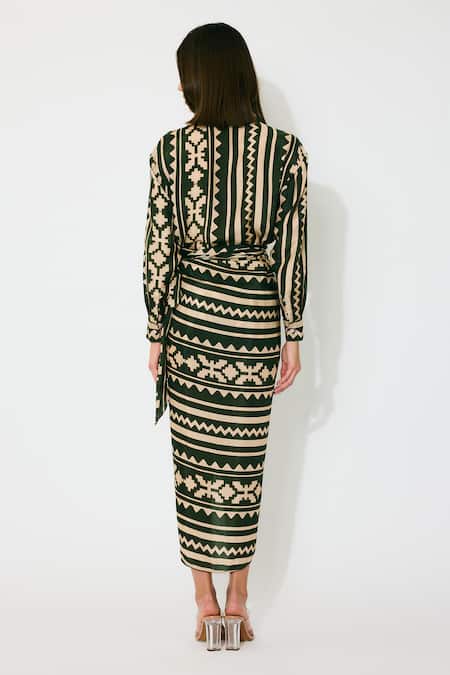 Shop_Koai_Green Cotton, Silk Patterned Wrap Midi Skirt _at_Aza_Fashions