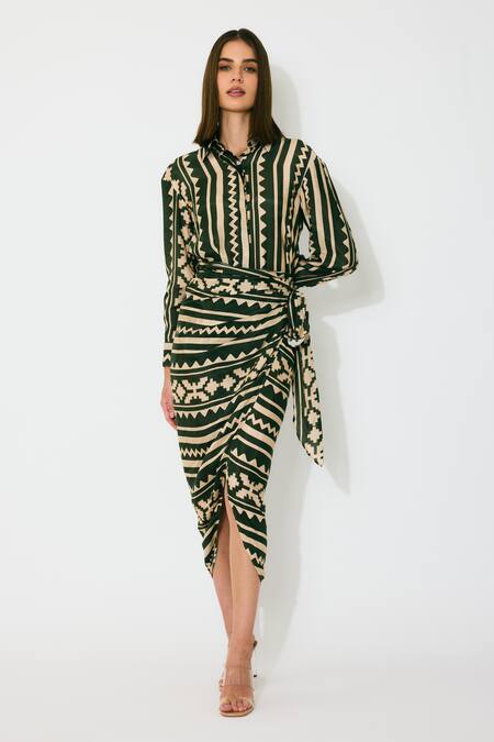 Buy_Koai_Green Cotton, Silk Patterned Wrap Midi Skirt _Online_at_Aza_Fashions