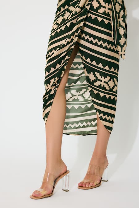 Shop_Koai_Green Cotton, Silk Patterned Wrap Midi Skirt _Online_at_Aza_Fashions
