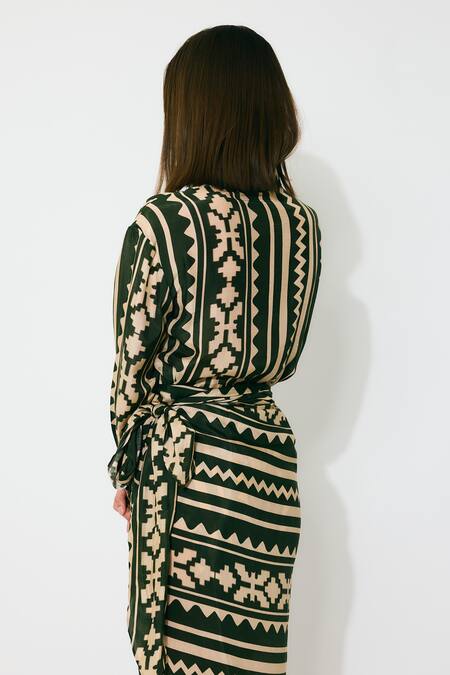 Koai_Green Cotton, Silk Patterned Wrap Midi Skirt _at_Aza_Fashions