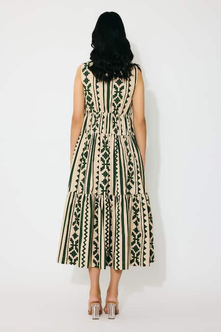Koai Sleeveless Cream & Green Pattern Midi Dress 