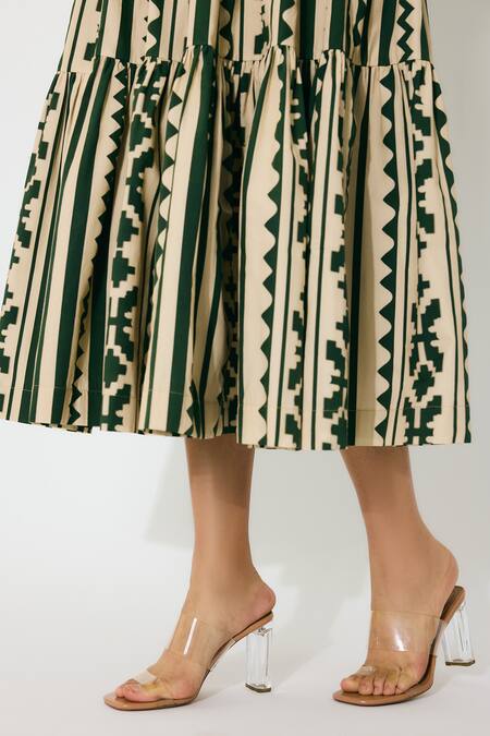 Koai_Cream Cotton Round Neck Sleeveless And Green Pattern Midi Dress _Online_at_Aza_Fashions