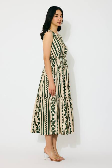 Buy_Koai_Cream Cotton Round Neck Sleeveless And Green Pattern Midi Dress _Online_at_Aza_Fashions