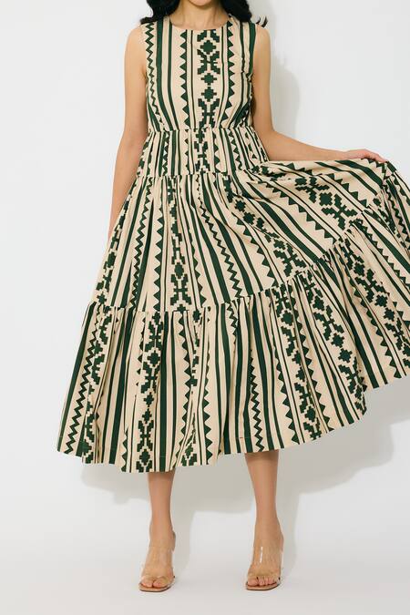 Shop_Koai_Cream Cotton Round Neck Sleeveless And Green Pattern Midi Dress _Online_at_Aza_Fashions