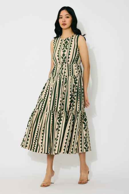 Koai_Cream Cotton Round Neck Sleeveless And Green Pattern Midi Dress _at_Aza_Fashions