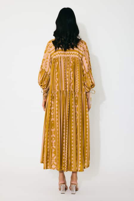 Koai MIDI DRESS WITH MUSTARD & PEACH PATTERN 