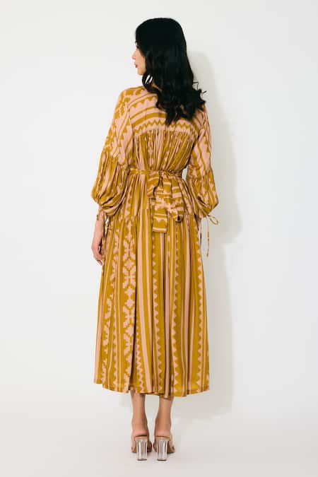 Koai_Mustard Cotton, Silk Round Neck Midi Dress With And Peach Pattern _Online_at_Aza_Fashions