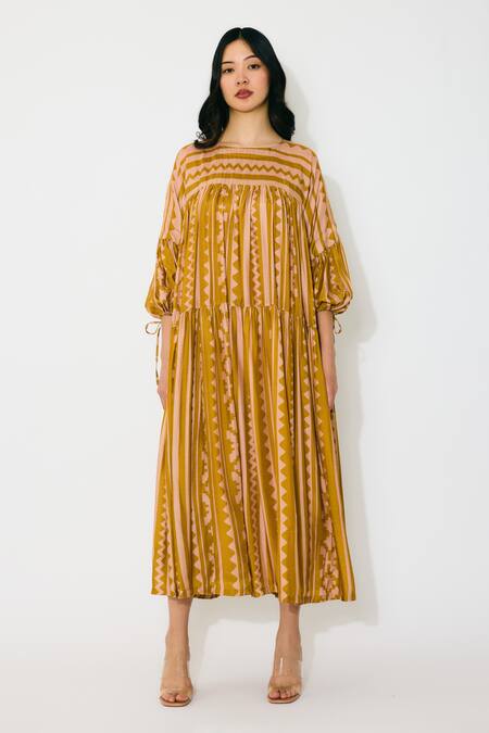 Buy_Koai_Mustard Cotton, Silk Round Neck Midi Dress With And Peach Pattern _Online_at_Aza_Fashions