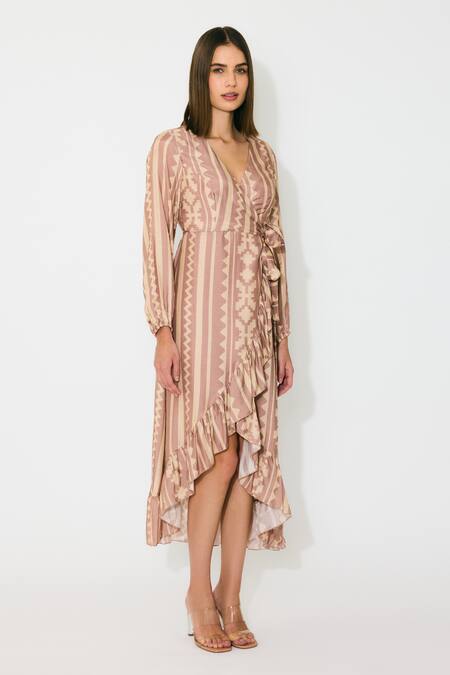 Koai_Peach Cotton V-neck Pattern Wrap Midi Dress _Online_at_Aza_Fashions