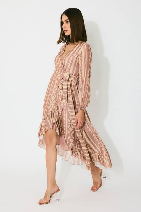 Buy_Koai_Peach Cotton V-neck Pattern Wrap Midi Dress _Online_at_Aza_Fashions