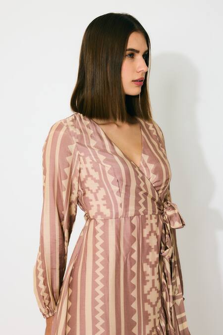Koai_Peach Cotton V-neck Pattern Wrap Midi Dress _at_Aza_Fashions