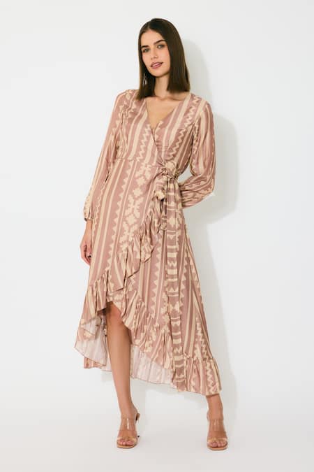 Koai Peach Pattern Wrap Midi Dress 