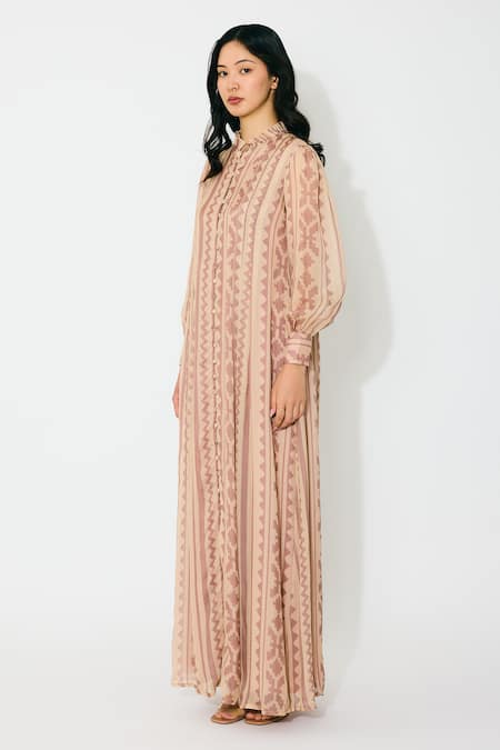 Koai Peach Chiffon High Neck Pattern Long Shirt Dress Online at Aza Fashions Koai_Peach Chiffon High Neck Pattern Long Shirt Dress _Online_at_Aza_Fashions