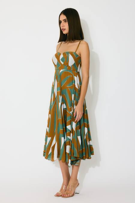 Koai Green Muslin, Cotton, Silk Square Neck Patterned Midi Dress Online at Aza Fashions Koai_Green Muslin, Cotton, Silk Square Neck Patterned Midi Dress _Online_at_Aza_Fashions